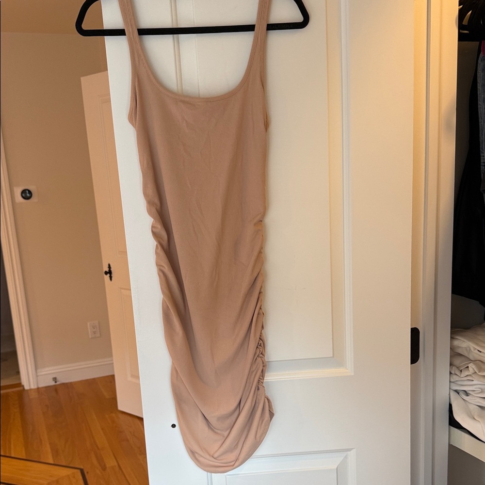 Amazon Tan Ruched Midi Dress